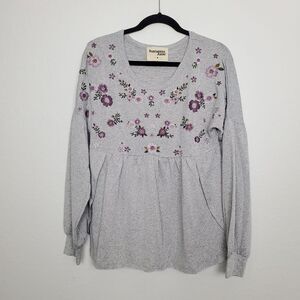 Savanna Jane Top Womens Medium Embroidered Long Sleeve Floral Gray Boho Peasant
